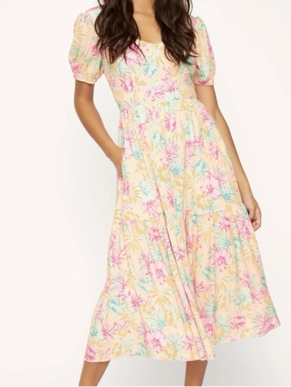 Lost + Wander Peach Floral Scoop-Neck Midi Dress